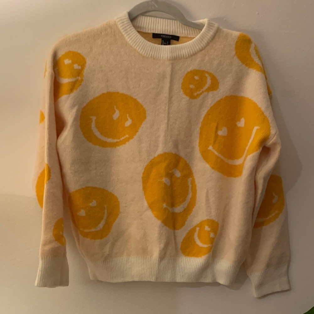 Forever 21 Cream Sweater with Yellow Smiley Faces - Preloved